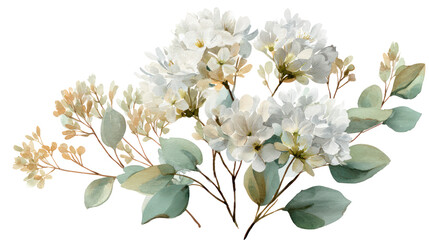 Obraz premium White flowering bush with subtle watercolor shades and layered petals on transparent background