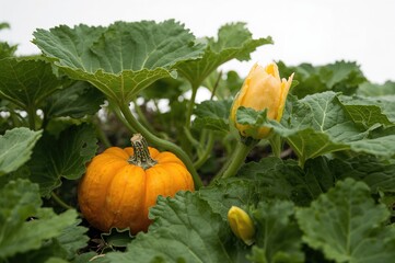Detailed view of a pumpkin vine flourishing in an elevated garden bed featuring vibrant foliage, a small pumpkin, and a flower bloom.