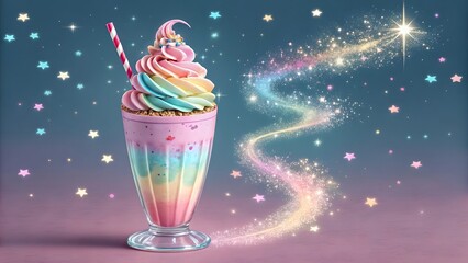 Whimsical rainbow unicorn milkshake with sparkling magical stardust trail and festive confetti background