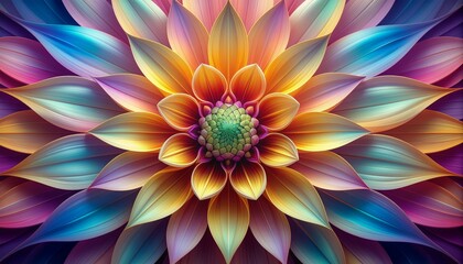 Vibrant abstract fractal flower blooming with iridescent petals in a mesmerizing display of psychedelic rainbow colors and intricate symmetrical patterns