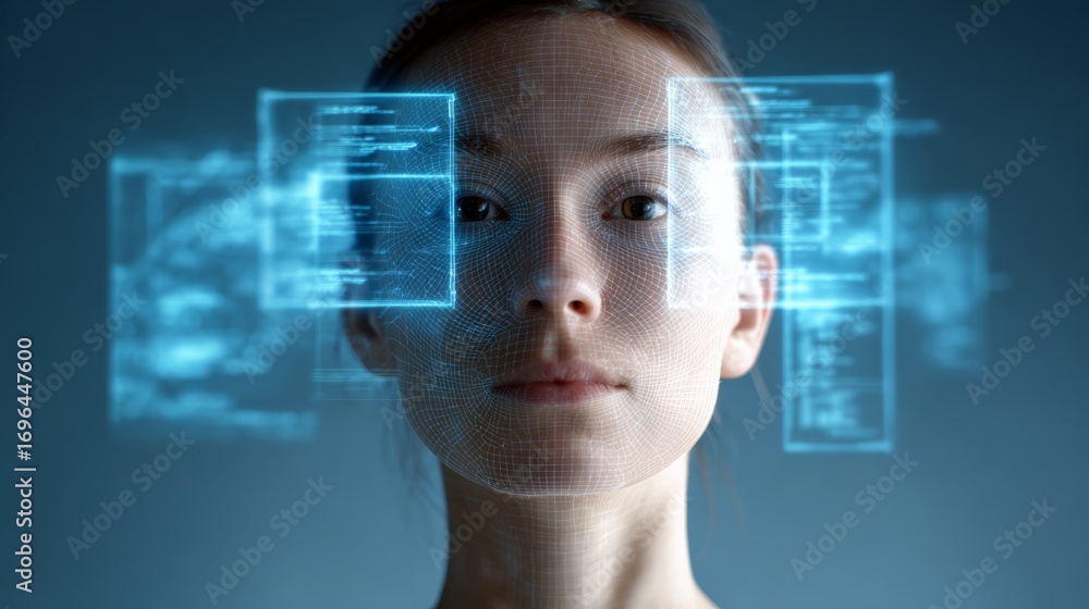 Poster artificial intelligence is scanning a woman's face using facial recognition software, analyzing biom