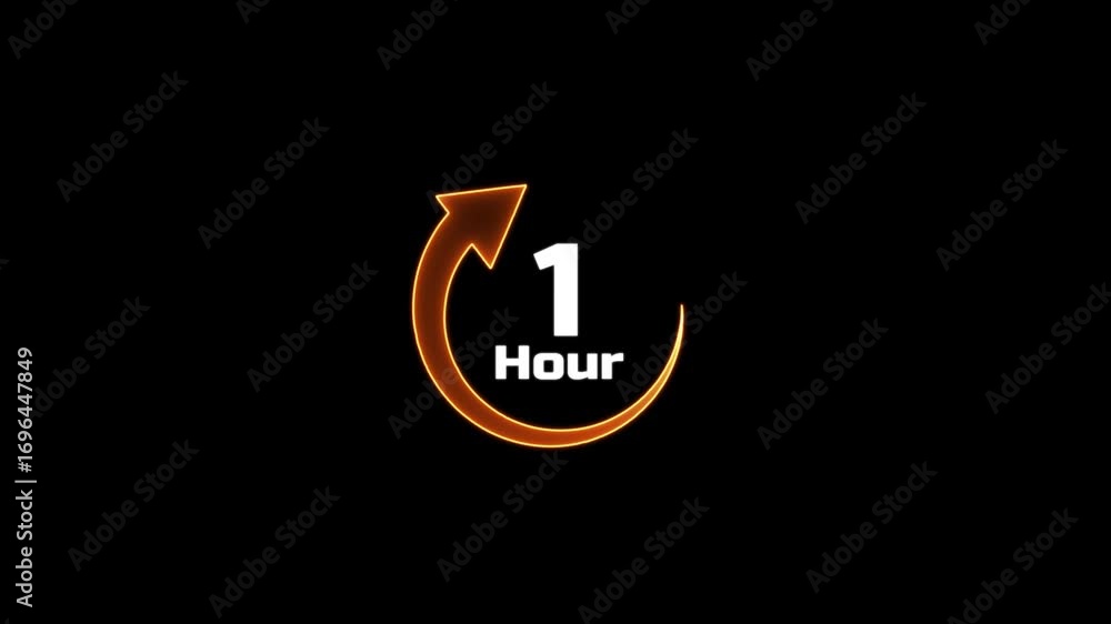 Poster glowing neon clock stopwatch icon.1 hour time circle icon.animation timer icon with 1 hour.