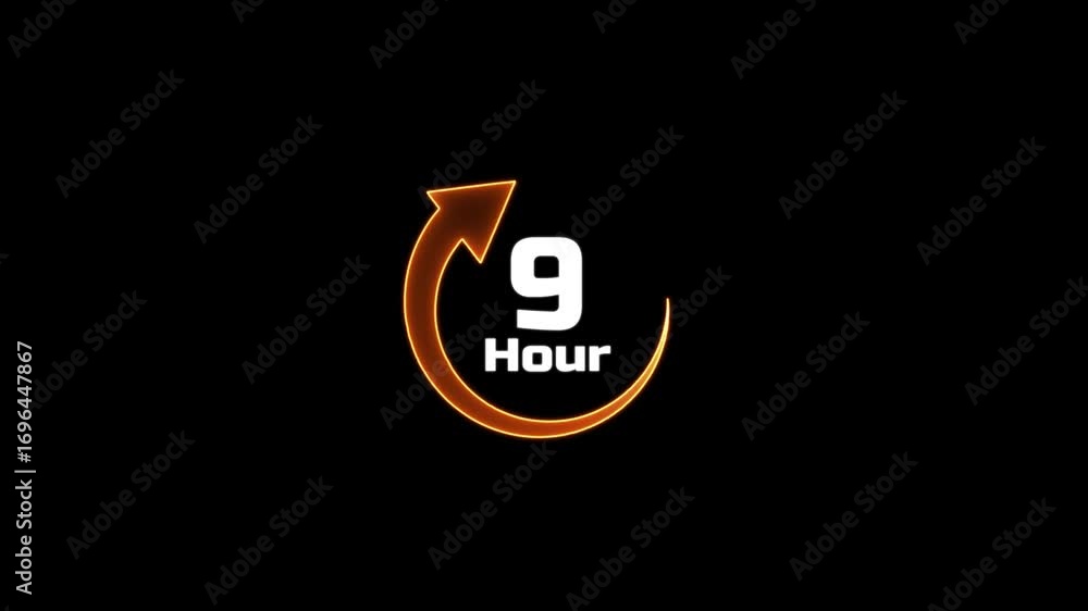 Poster glowing neon clock stopwatch icon.9 hour time circle icon.animation timer icon with 9 hour.