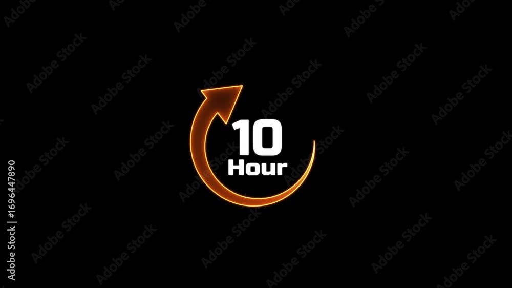 Poster glowing neon clock stopwatch icon.10 hour time circle icon.animation timer icon with 10 hour.