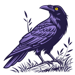 A stylized purple raven perched on a log with grass