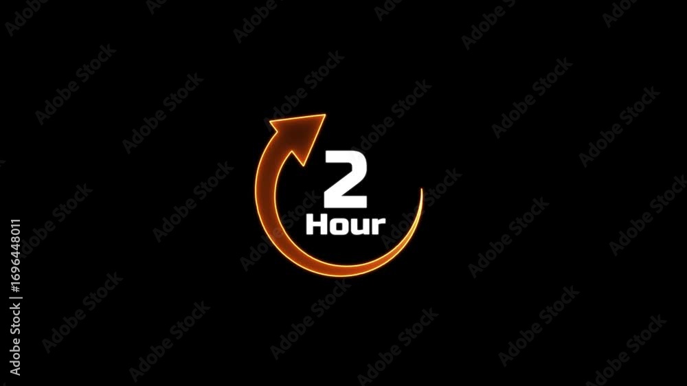 Poster glowing neon clock stopwatch icon.2 hour time circle icon.animation timer icon with 2 hour.