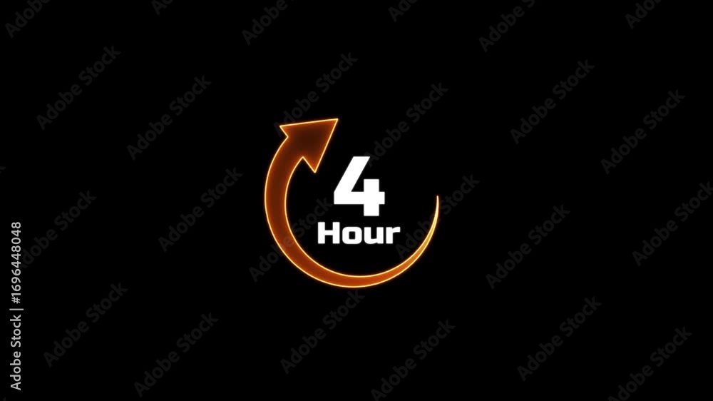 Poster glowing neon clock stopwatch icon.4 hour time circle icon.animation timer icon with 4 hour.