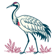 Illustration of a japanese crane bird standing in reeds
