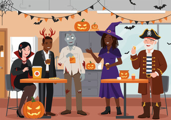 A vibrant and inclusive Halloween celebration brings diverse colleagues together, enjoying festive costumes, spooky decorations, and shared laughter at a cheerful gathering