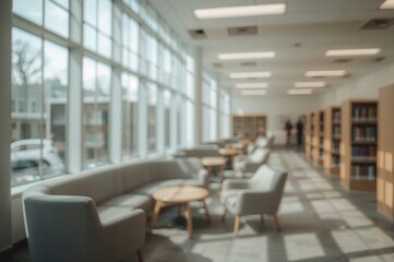 Blurred backdrop of a contemporary library space featuring cozy chairs and expansive windows