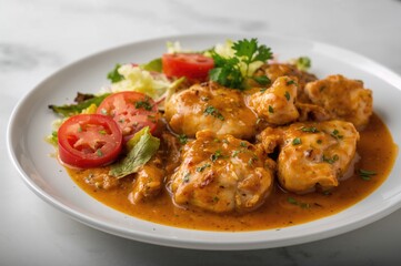 Spiced chicken dish with fresh vegetables and herbs