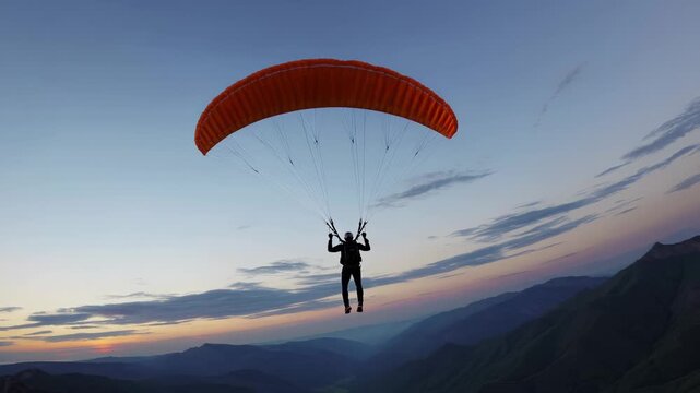 Man glides with parachute over rocky mountain landscape. Flying above peaks shows extreme freedom. Adventure sport parachute flight reveals beauty of travel and mountain freedom in landscape