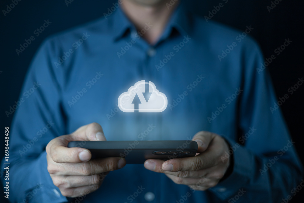 Fototapete a man using a smartphone to access data on cloud, cloud access security