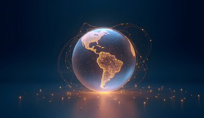 Abstract Democracy: Glowing Sphere with Interconnected Citizens in Protective Golden Web | Minimalist 3D on Deep Blue