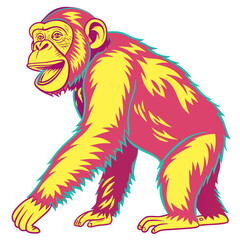Stylized illustration of a chimpanzee with vibrant pink and yellow colors