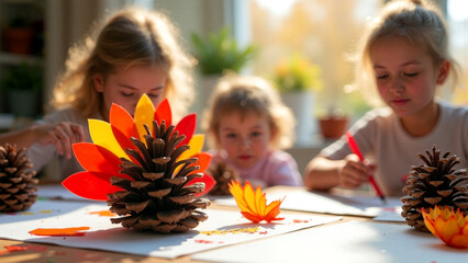 Kids crafts workshop with Thanksgiving-themed pinecone decorations and colorful leaf art. Workshop includes children creating nature-themed crafts with vibrant paper leaves and pinecones.
