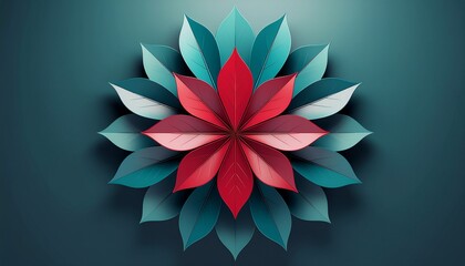 Intricate papercraft poinsettia flower with layered red and pink petals surrounded by teal green leaves against a dark teal background top view detailed artistic floral design