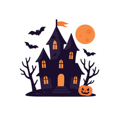 flat vector colored illustration haunted house halloween isolated on white background