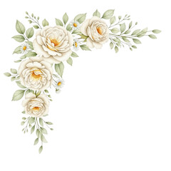 Elegant white roses and daisies floral corner isolated on transparent background