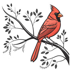 A vibrant red cardinal perched on a bare tree branch with small leaves