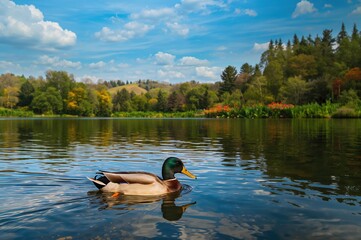 Waterfowl gliding across a pond