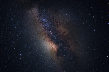 Fototapeta premium Detailed view of the core region of the Milky Way captured with extended exposure, exhibiting graininess and blurred focus.