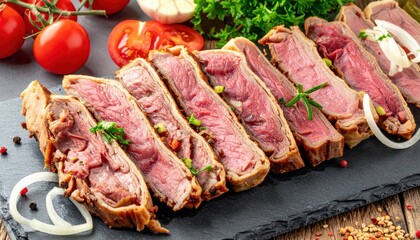 Fototapeta premium Sliced Juicy Beef Steak with Fresh Vegetables on Slate Plate