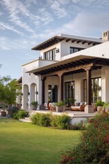 Fototapeta premium Experience the breathtaking beauty of a stunning modern villa, featuring elegant architectural design, nestled amidst lush greenery in a peaceful outdoor setting during the day