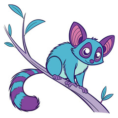 Cute cartoon lemur with big ears sitting on a tree branch