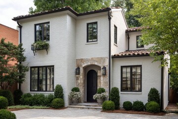 Obraz premium Elegant modern home exterior surrounded by lush landscaping in a serene neighborhood during daytime showcases meticulous architectural design and inviting entrance