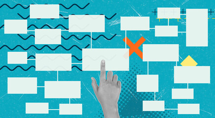 Art collage, Engaging hand navigating an abstract flowchart on a vibrant blue background, showcasing decision-making and process mapping
