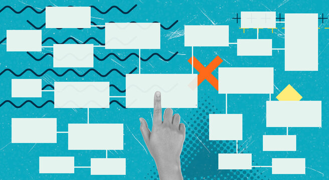 Art collage, Engaging hand navigating an abstract flowchart on a vibrant blue background, showcasing decision-making and process mapping