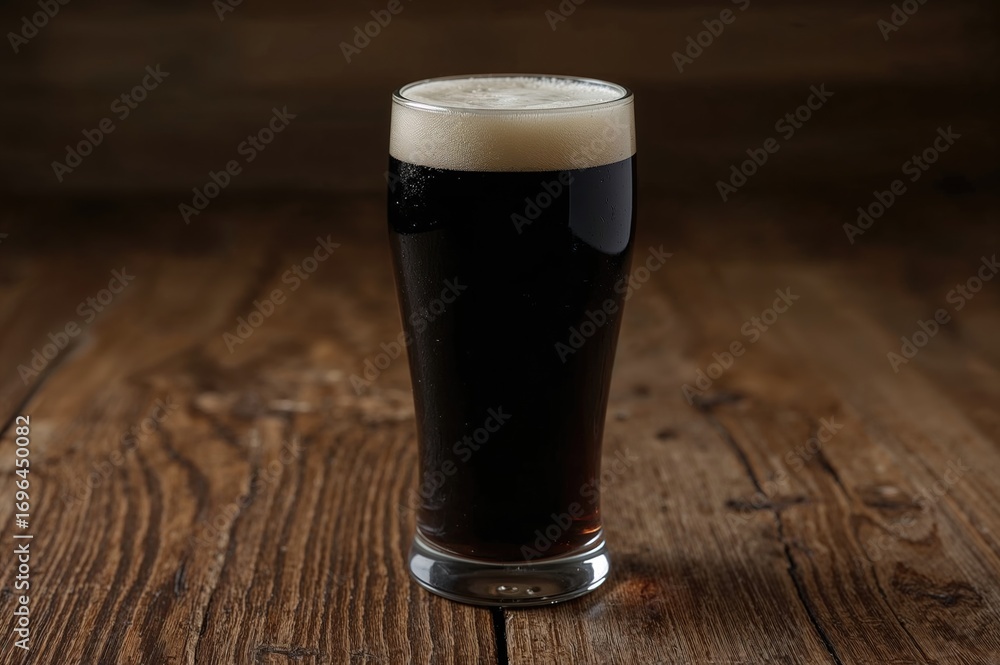 Poster dark ale placed on a wooden table with empty space for text.