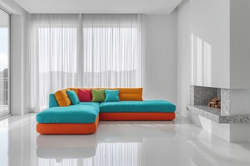 Vibrant cushioned sectional sofa paired with a granite mantel fireplace beside a window in a bright white lounge.