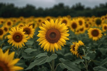 Fototapeta premium Yellow sunflower blossoms covering a vast farmland landscape