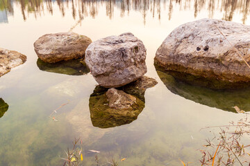 Stone landscape along the lake and pond in Chengdu Jinjiang Lake Park