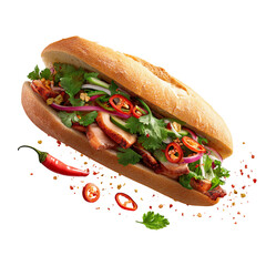 Vietnamese banh mi sandwich with grilled meat vegetables and chili isolated on white background