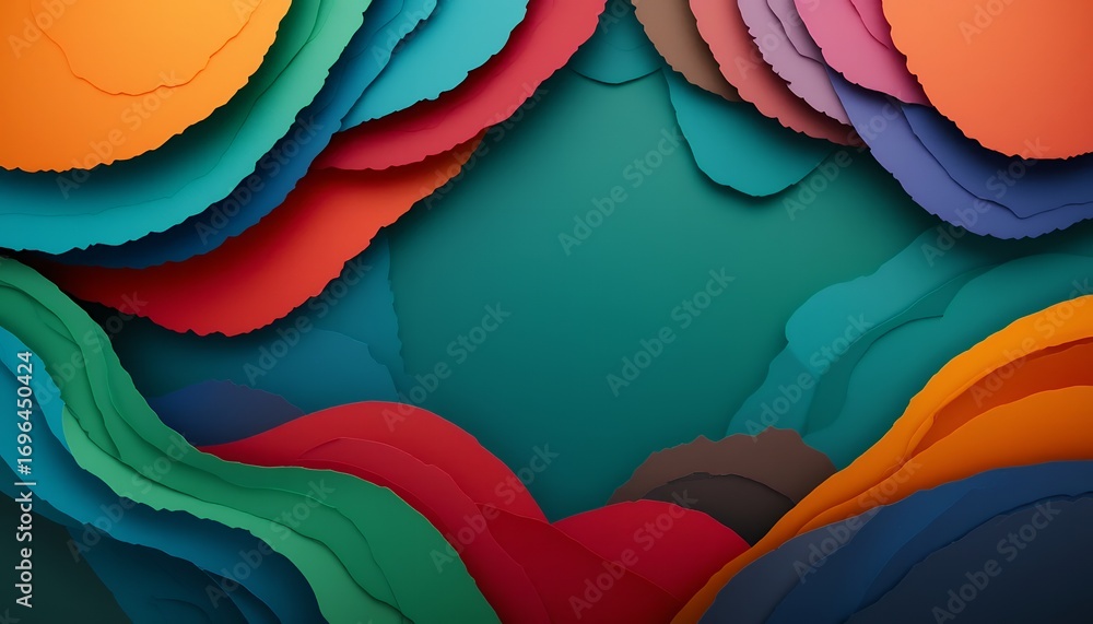 Poster abstract layered paper art with vibrant multicolor shapes creating depth and texture effect
