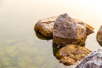 Stone landscape along the lake and pond in Chengdu Jinjiang Lake Park