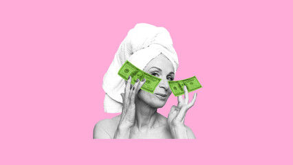 Graphic composition. Elderly woman with towel using dollar bills as beauty eye patches. Concept of luxury wellness, beauty standards, aging and financial privilege with satirical emotion.