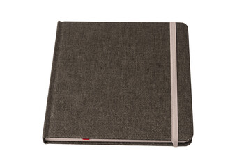 Grey notebook with blank pages isolated on a white background.