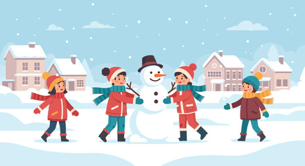 Happy children building a snowman in a snowy village during winter.