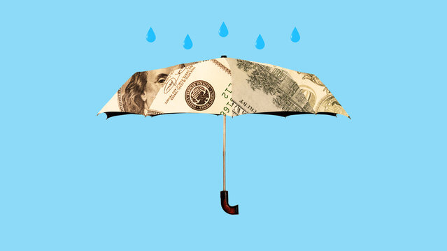 Abstract collage. Umbrella made of dollar bills protecting from falling raindrops. Concept of financial protection, insurance, risk management, and economic security with creative metaphor.