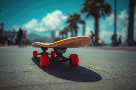 Detailed view of a longboard placed on an outdoor walkway.