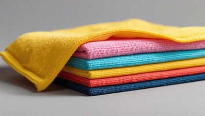 Detailed view of five layered microfiber cleaning cloths in various hues