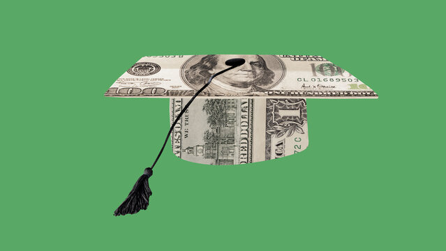 Bright collage. Graduation cap made of dollar bills symbolizing student debt. Concept of education cost, tuition burden, career investment, and financial responsibility with critical awareness.