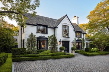 This elegant white brick house, adorned with striking black accents, is beautifully surrounded by lush greenery, all bathed in the soft glow of golden hour, nestled in a peaceful neighborhood