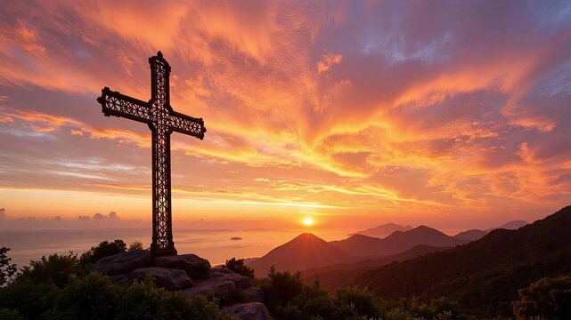Breathtaking sunset bathes Mount Tapyas and Christian cross in golden light, Coron, Palawan, Philippines, a serene religious travel experience