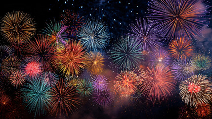 Fototapeta premium Fireworks and firecrackers lighting up the night sky during Chinese New Year celebrations.