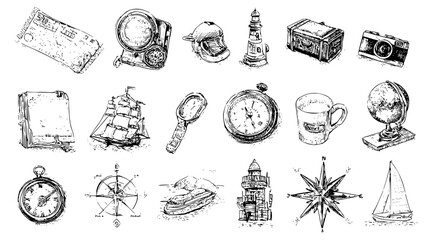 Vintage travel-themed illustrations including compass, camera, ships, and landmarks.